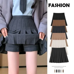 Autumn Winter Woolen Pleated Skirts Women New Korean High Waist Slimming Mini Skirt Ladies Preppy Style Side Zipper A-Line Skirt