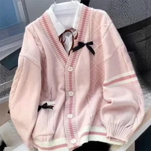Casual Sweet Bow Cardigan Woman Autumn Winter Japanese Classic Preppy Style Knitted Coats Y2K Vintage Contrast Color V-Neck Tops