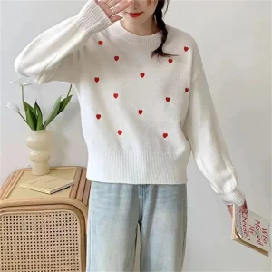 Y2K Heart Print Long Sleeve Pullover Sweater Women Spring Autumn Casual Warm Jumpers Sweaters Sweet Contrast Color Knitwear Tops